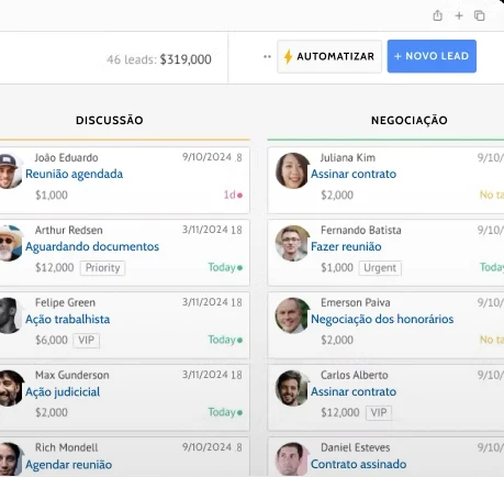 Tela de CRM com dados de leads e automações comerciais