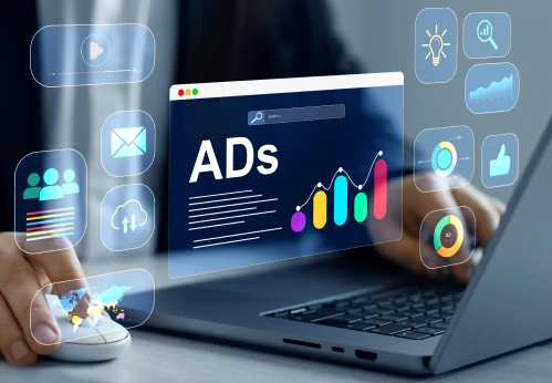 Ilustração de campanha publicitária digital com gráficos, mouse e elementos de marketing jurídico