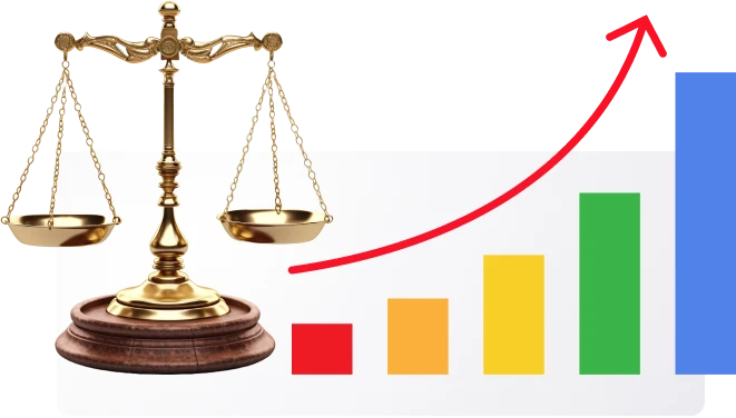 Balança da justiça ao lado de gráfico de barras com seta crescente, representando crescimento jurídico com marketing