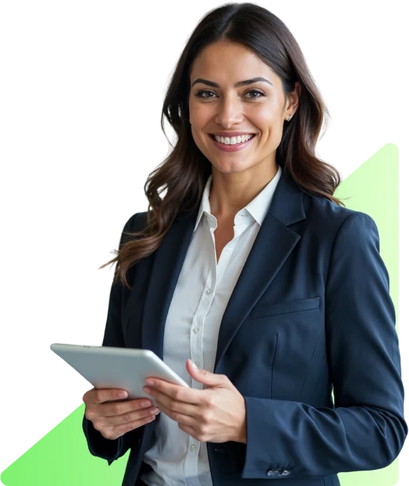 Foto de advogada sorridente vestindo terno escuro e segurando um tablet, simbolizando profissionalismo e modernidade no marketing jurídico