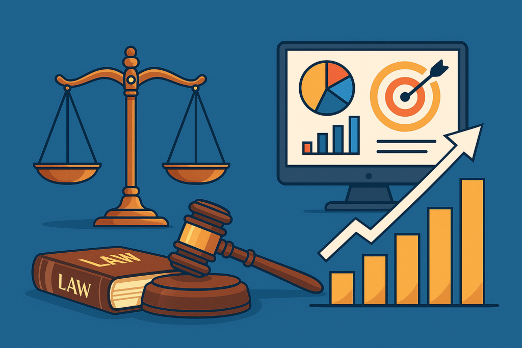 Imagem ilustrativa mostrando uma balança da justiça, martelo de juiz, livro de direito e gráficos de desempenho em uma tela, representando o equilíbrio entre advocacia e marketing de performance.