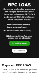 Exemplo de landing page para advogados de BPC/LOAS: visual simples, linguagem popular e botão "Verificar Direito" no WhatsApp